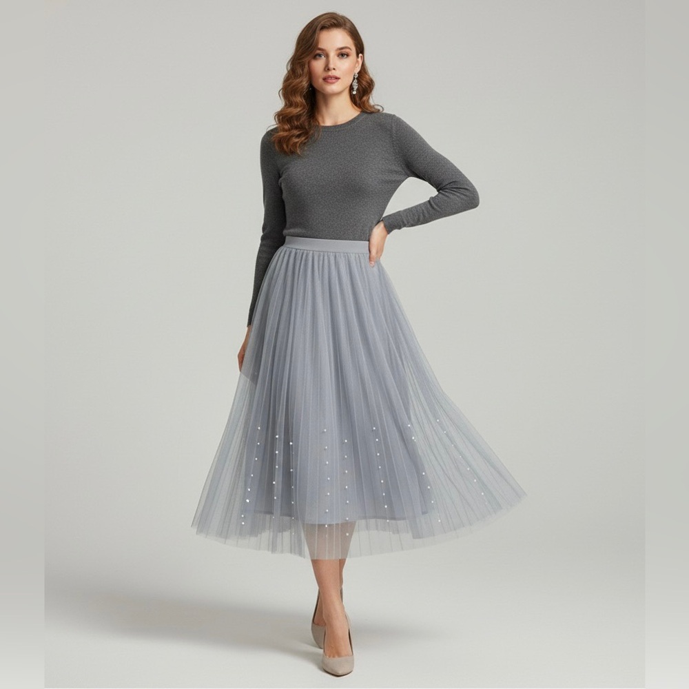 Ultra Pink Size S Mesh Pleated Tulle Midi Skirt Beaded Details Smokey Grey